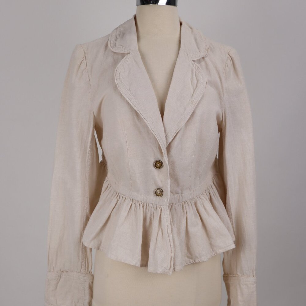 🌺 Free People Cotton Khaki Beige Safari Jacket Blazer Ruffled Back Size Medium